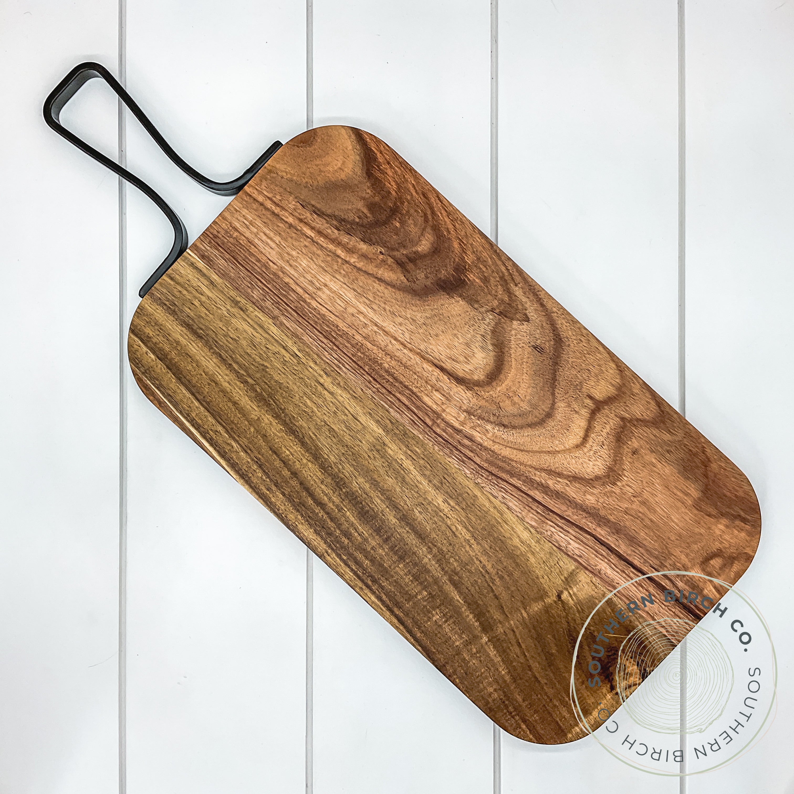 Acacia Wood Cutting Board (Black Metal Handle)