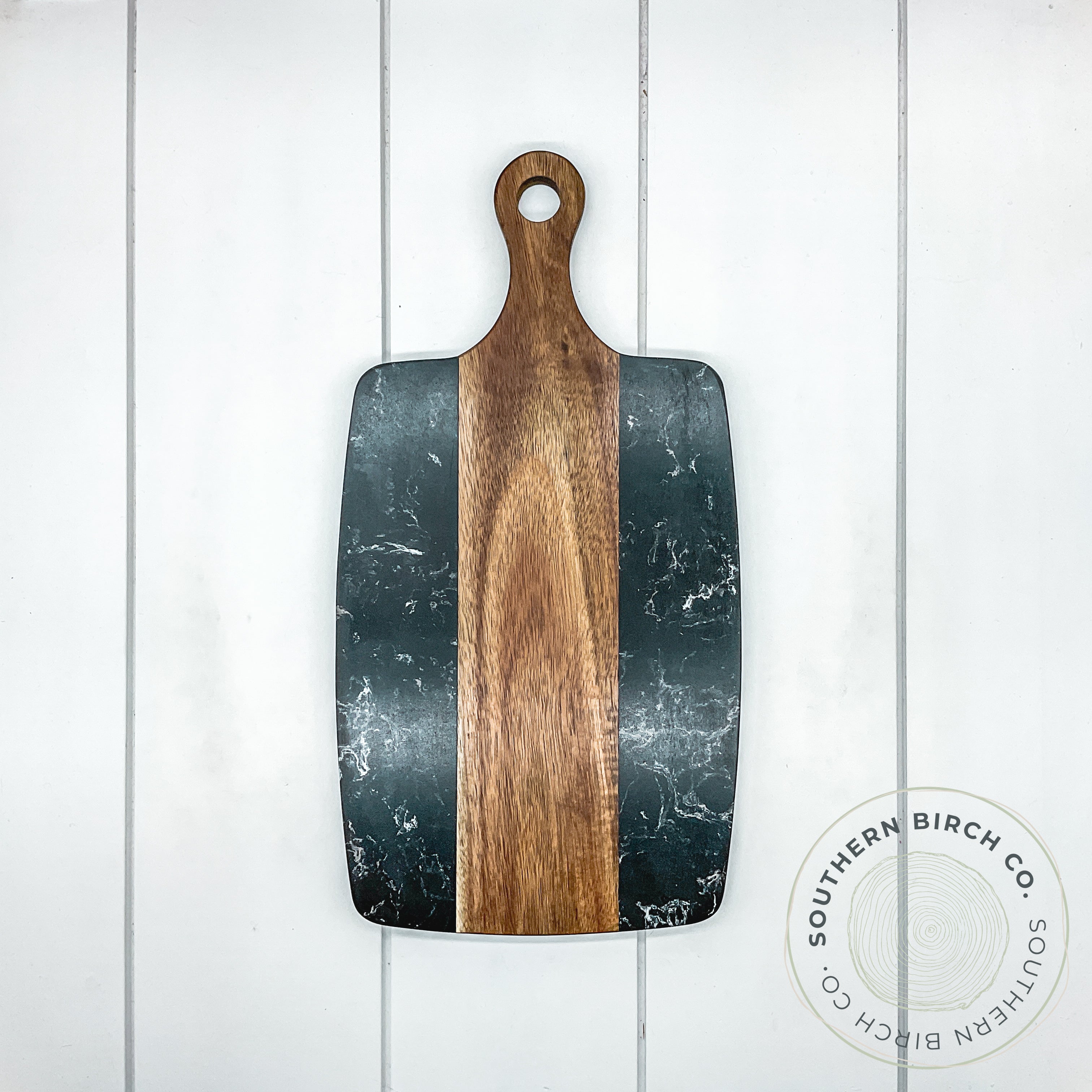 Marble and Acacia Wood Cutting Board (Black Round Handle)