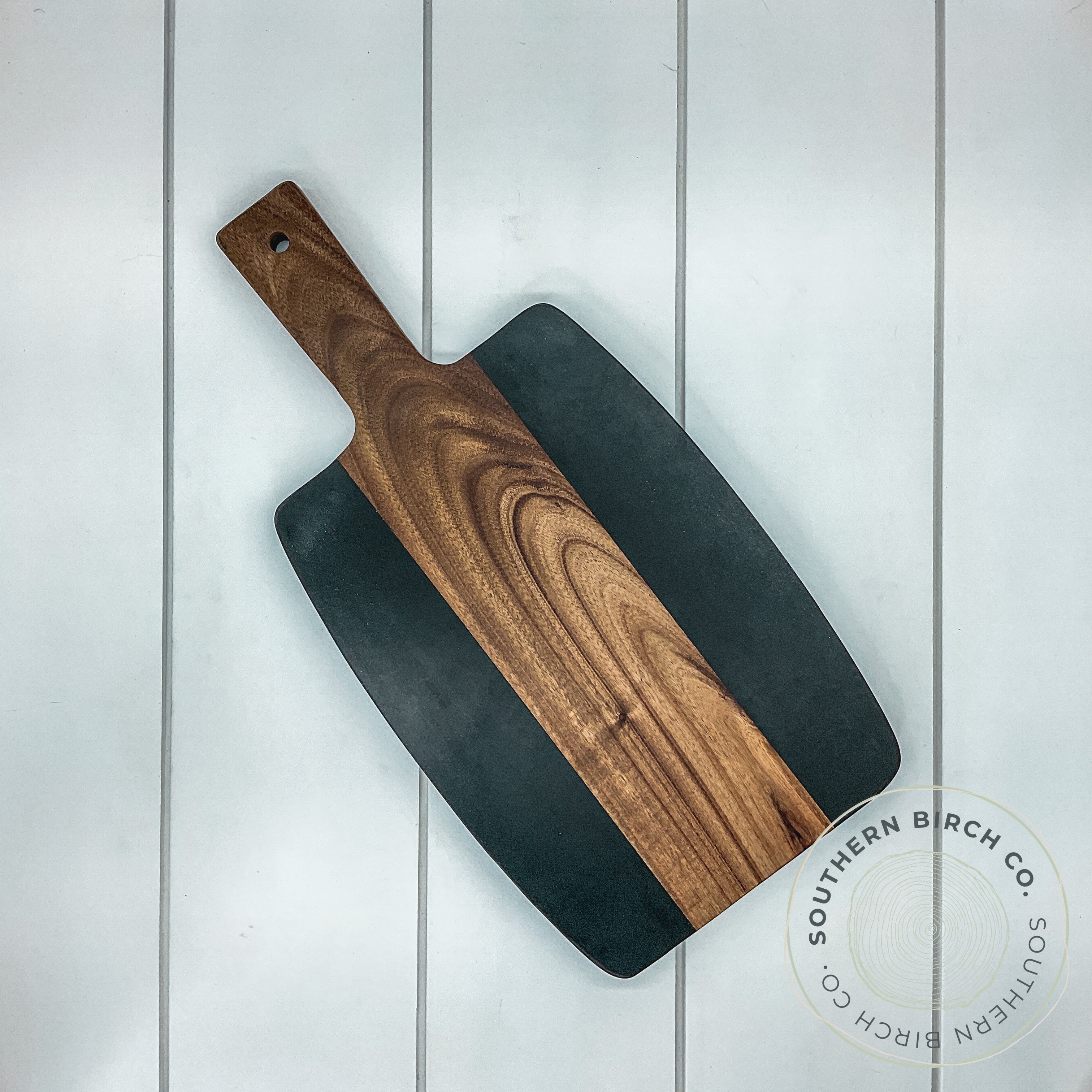 Marble and Acacia Wood Cutting Board (Black Square Handle)