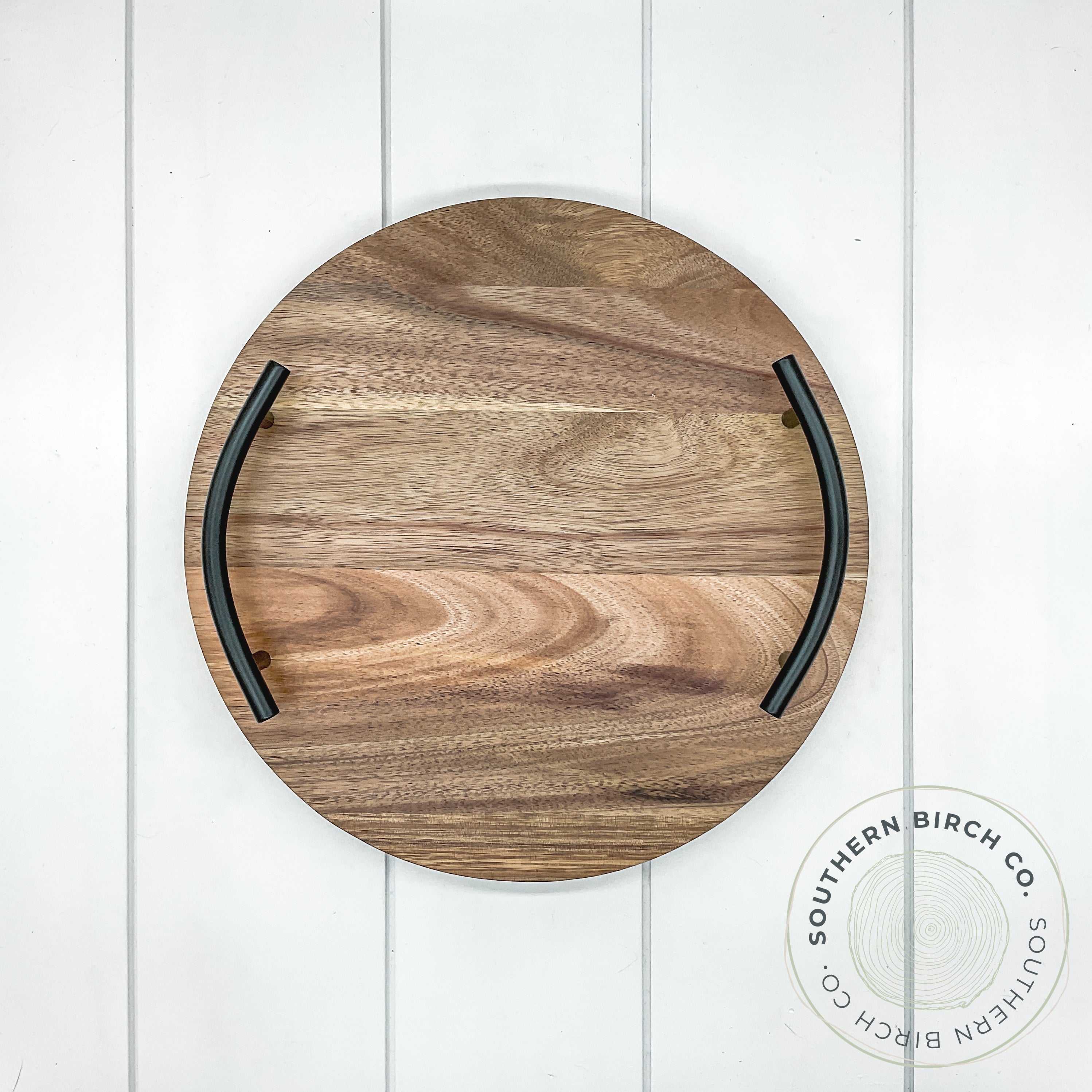 Acacia Wood Round Tray (Black Handles)