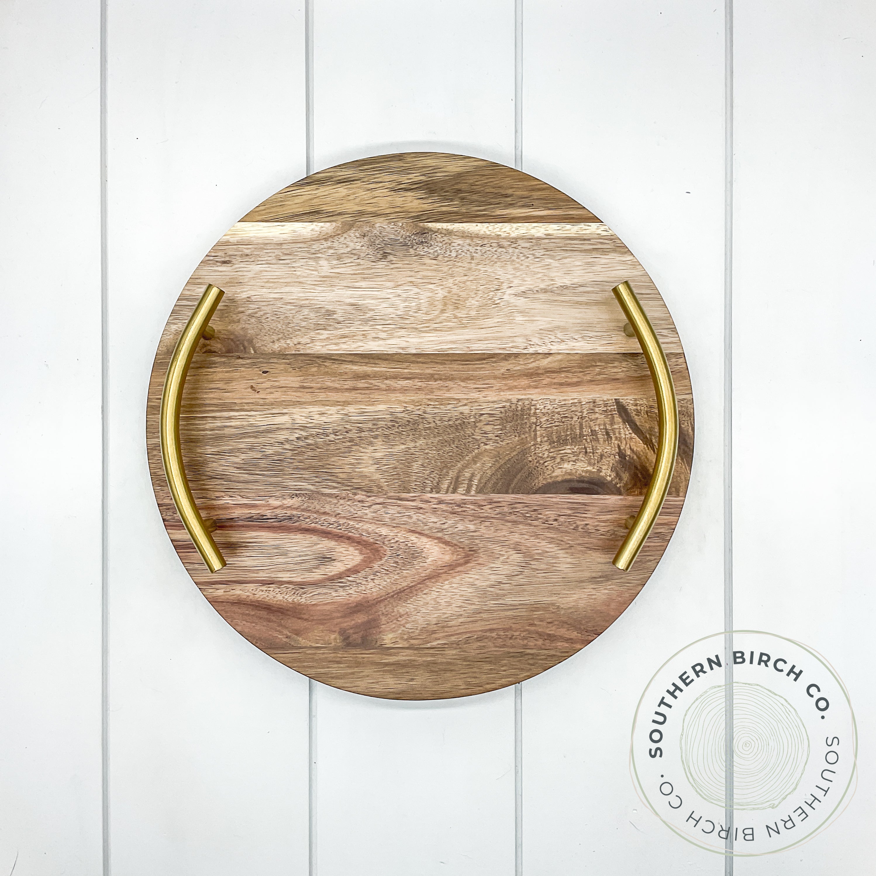 Acacia Wood Round Tray (Gold Handles)